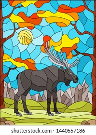 Illustration in stained glass style with wild moose on the background of autumn trees, mountains and sky