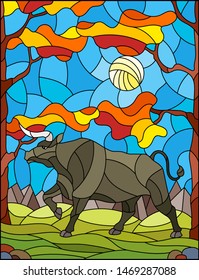 Illustration in stained glass style with wild bull on the background of autumn trees, mountains and sky