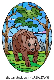 Illustration in stained glass style with wild bear on the background of trees, mountains and sky, oval image