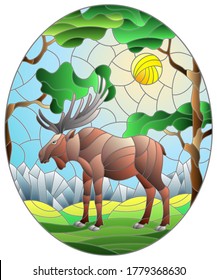 Illustration in stained glass style with wild moose on the background of trees, mountains and sky