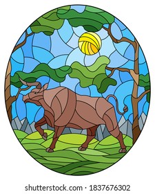 Illustration in stained glass style with wild bull on the background of trees, mountains and sky, oval image