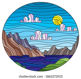 Illustration in stained glass style with a wild landscape, a lake on a background of mountains and a Sunny sky, oval image