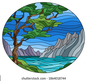Illustration in stained glass style with a wild landscape, a green tree on a background of lake, mountains and a Sunny sky, oval image