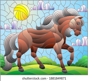 Illustration in stained glass style with a wild horse on a background of fields and a cloudy sky with the sun, rectangular image