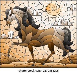 Illustration in stained glass style with a wild horse on a background of fields and a cloudy sky with the sun,tone brown