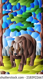 Illustration in stained glass style with wild bear on the background of trees, mountains and sky