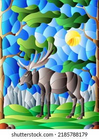 Illustration in stained glass style with wild moose on the background of trees, mountains and sky