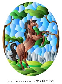 Illustration in stained glass style with wild horse on the background of trees, mountains and sky, oval image