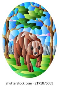 Illustration in stained glass style with wild bear on the background of trees, mountains and sky, oval image