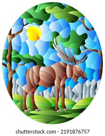 Illustration in stained glass style with wild moose on the background of trees, mountains and sky