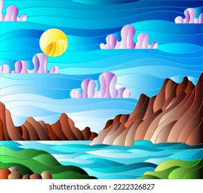 Illustration in stained glass style with a wild landscape, a lake on a background of mountains and a Sunny sky