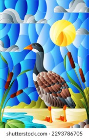 Illustration in stained glass style with wild goose on beach background with reeds and Sunny sky
