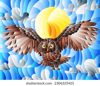 Illustration in stained glass style with wild owl flying against the sky and sun background