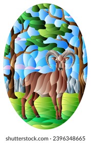 Illustration in stained glass style with wild RAM on the background of trees, mountains and sky, oval image