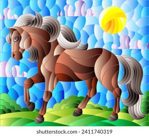 Ilustración en vidrio manchado con un caballo salvaje sobre un fondo de campos y un cielo nublado con el sol, imagen rectangular