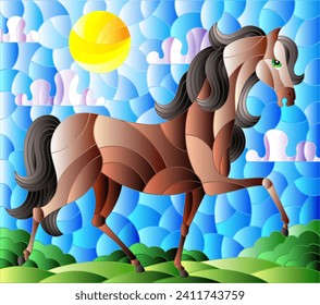 Ilustración en vidrio manchado con un caballo salvaje sobre un fondo de campos y un cielo nublado con el sol, imagen rectangular