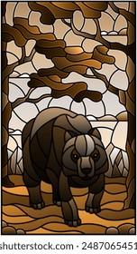 Ilustración en estilo vitral con oso salvaje sobre el fondo de árboles, montañas y cielo, tono marrón