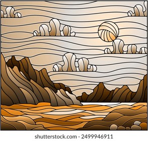Illustration in stained glass style with a wild landscape, a lake on a background of mountains and a Sunny sky, tone brown