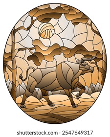 Illustration in stained glass style with wild bull on the background of trees, mountains and sky, oval image, tone brown