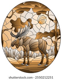 Illustration in stained glass style with wild moose on the background of trees, mountains and sky. tone brown