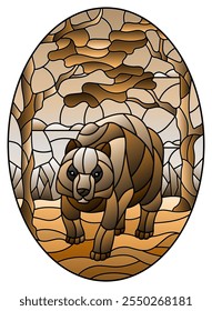 Illustration in stained glass style with wild bear on the background of trees, mountains and sky, oval image, tone brown