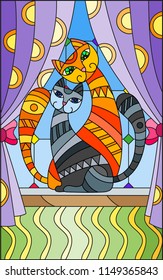 Illustration in stained glass style window with curtains and two cats on the windowsill