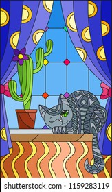 Illustration in stained glass style window with curtains ,cactus and a grey  cat on the windowsill