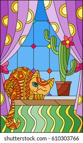 Illustration in stained glass style window with curtains and a cactus and a cat on the windowsill