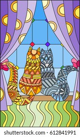 Illustration in stained glass style window with curtains and two cats on the windowsill