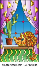 Illustration in stained glass style window with curtains and a cactus and a cat on the windowsill