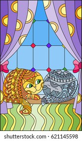Illustration in stained glass style window with curtains and two cats on the windowsill
