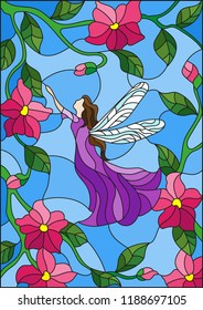 Illustration in stained glass style with a winged fairy in the sky, pink  flowers and greenery
