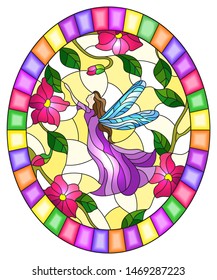 Illustration in stained glass style with a winged fairy in the sky,pink  flowers and greenery,oval image in bright frame