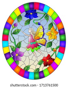 Illustration in stained glass style with a winged fairy in the sky,bright  flowers and greenery,oval image in bright frame