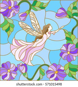 Illustration in stained glass style with a winged fairy in the sky, flowers and greenery