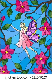 Illustration in stained glass style with a winged fairy in the sky, pink flowers and greenery