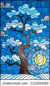 Illustration in stained glass style with winter tree on sky background with sun and  snow