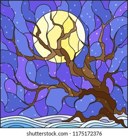 Illustration in stained glass style with winter tree on sky background with  snow and sun