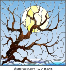 Illustration in stained glass style with winter tree on sky background with  snow and sun