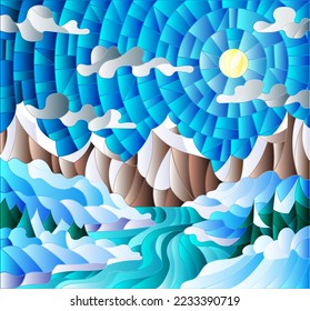 Illustration in stained glass style with a winter landscape, the river against snow-covered coast and mountains 