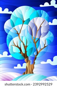 Illustration in stained glass style with winter tree on sky background with the snow