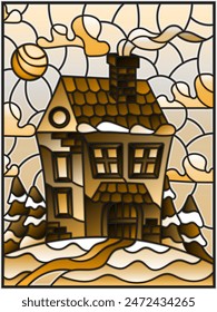 Illustration in stained glass style winter landscape, village house and fir-trees on a background of snow, sky and sun, tone brown
