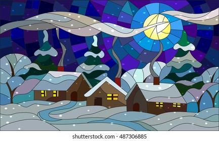 Illustration in stained glass style with the winter village scenery, three single houses on the background of snowy trees, snow and night sky