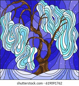 Illustration in stained glass style with winter tree on sky background with the snow