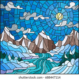 Illustration in stained glass style with a winter landscape, the river against snow-covered coast and mountains 