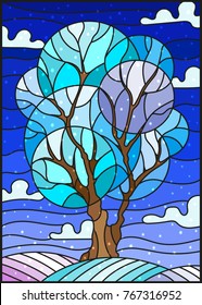 Illustration in stained glass style with winter tree on sky background with the snow