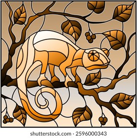 Illustration in stained glass style withchameleon on plant branches background with leaves and berries, tone brown
