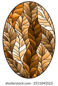 Illustration in stained glass style withl leaves trees, oval image, tone brown, sepia