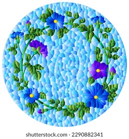 Illustration in the stained glass style with a wreath of bright flowers on a blue background, round image