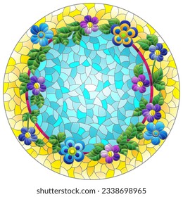 Illustration in the stained glass style with a wreath of bright flowers on a blue background in a yellow frame, round image